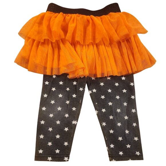 Young Hearts Girls 4T Orange Tulle Skirt Black Star Print Halloween Leggings - Picture 1 of 7